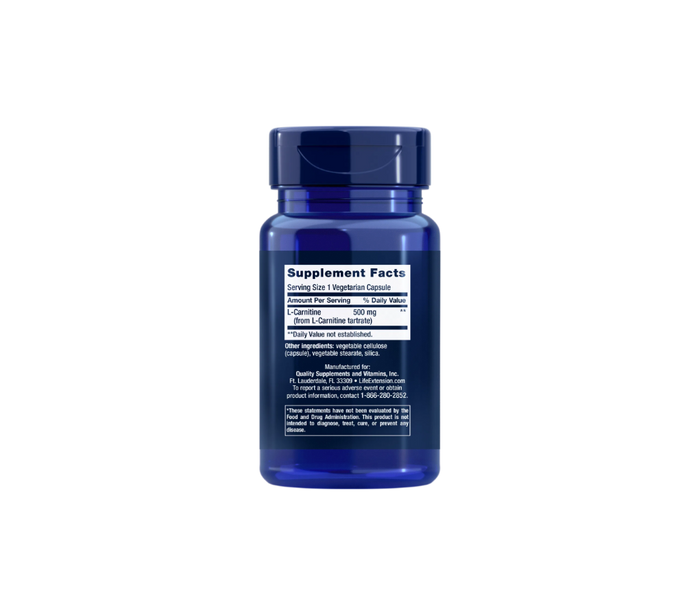 Back label of Life Extension L-Carnitine 500 mg supplement bottle, showing supplement facts and ingredients list