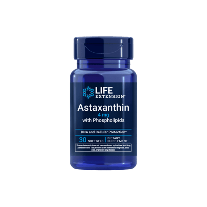 A blue bottle of Life Extension Astaxanthin dietary supplement with 30 softgels, shown against a solid dark green background.