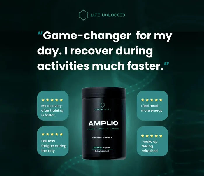 Black supplement container labeled 'AMPLIO' with positive user testimonials on a dark background.