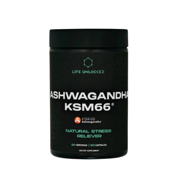 Black supplement container labeled 'Ashwagandha KSM66' on a white background