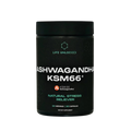 Black supplement container labeled 'Ashwagandha KSM66' on a white background