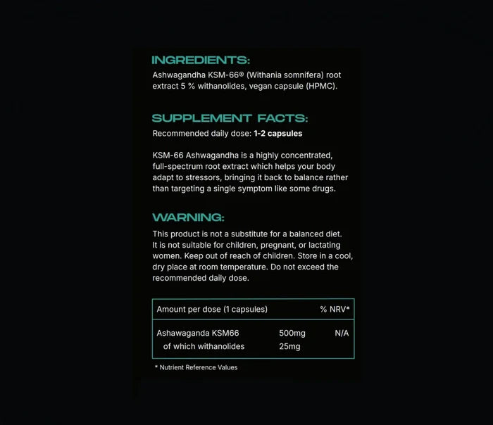 Supplement label with ingredients, supplement facts, and warning on a black background