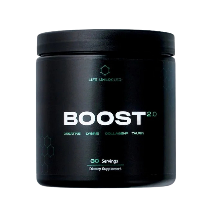 Black supplement container labeled 'BOOST 2.0' by Life Unlocked on a white background