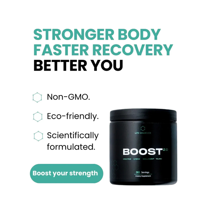 Black supplement container labeled 'Boost' with promotional text on a white background