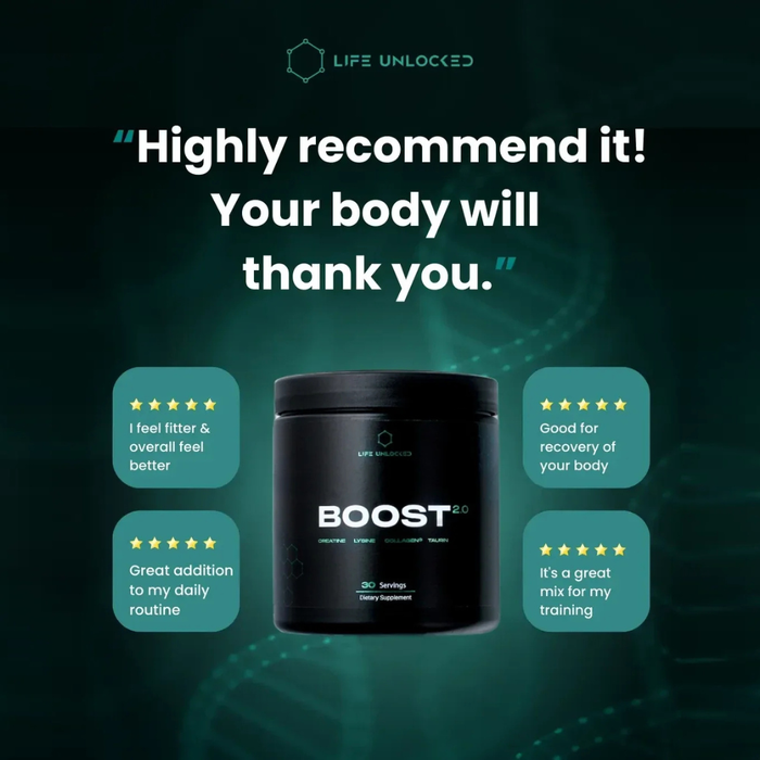 Black supplement container labeled 'BOOST' with positive user testimonials on a dark background.