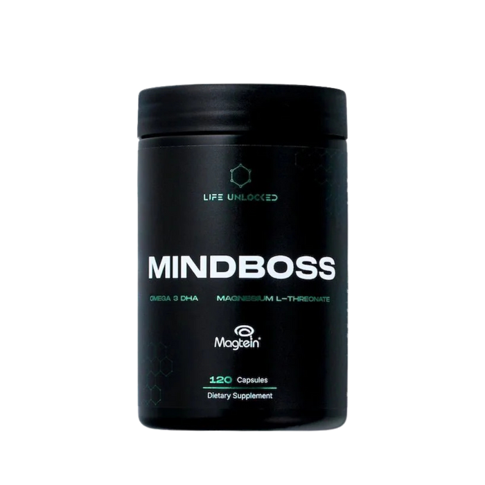 Black supplement container labeled 'MINDBOSS' on a white background
