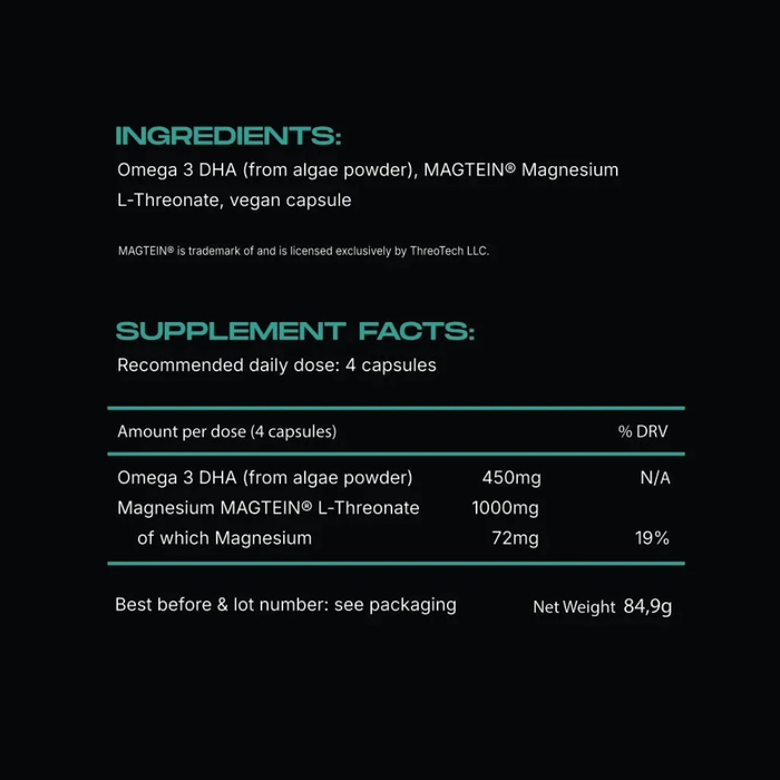 Supplement label with ingredients and supplement facts on a black background
