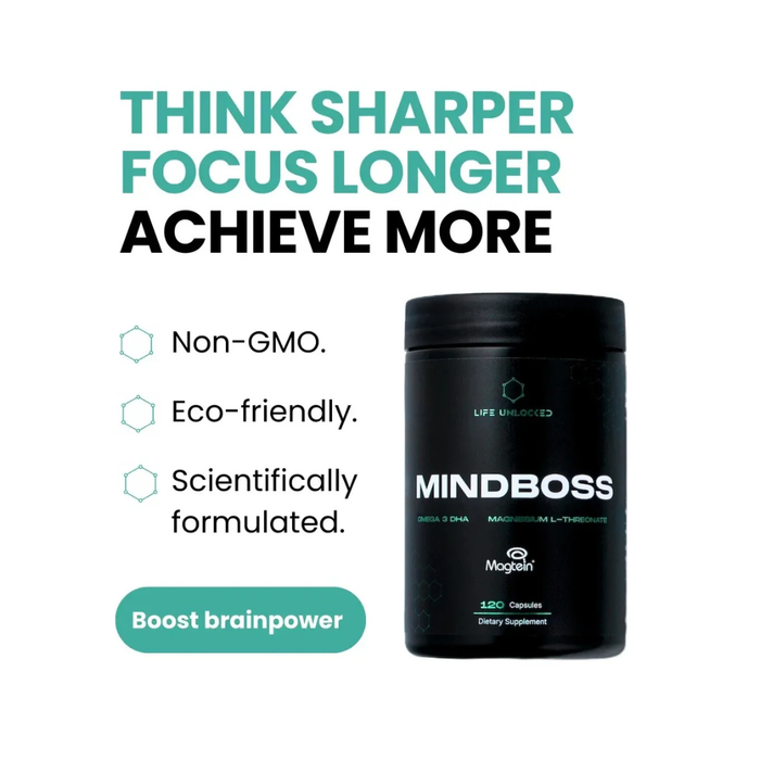 Black supplement container labeled 'MINDBOSS' with promotional text on a white background
