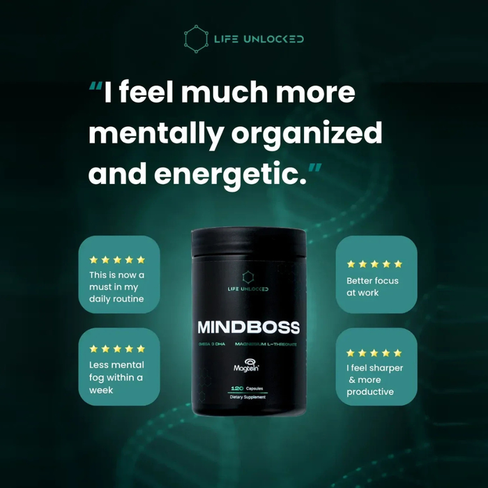 Black supplement container labeled 'MINDBOSS' with positive user testimonials on a dark background.