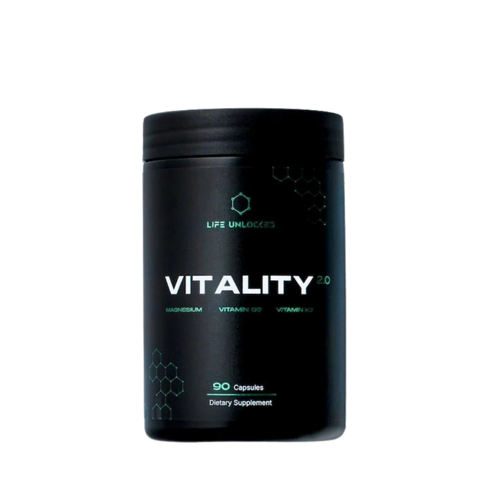 Black supplement container labeled 'Vitality 2.0' on a white background