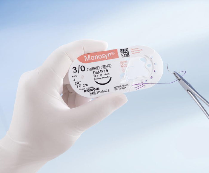 Monosyn suture assorbibili in gliconato, ago 3/8 19mm, USP 5/0 - filo incolore 70cm (conf. 12 pz.)