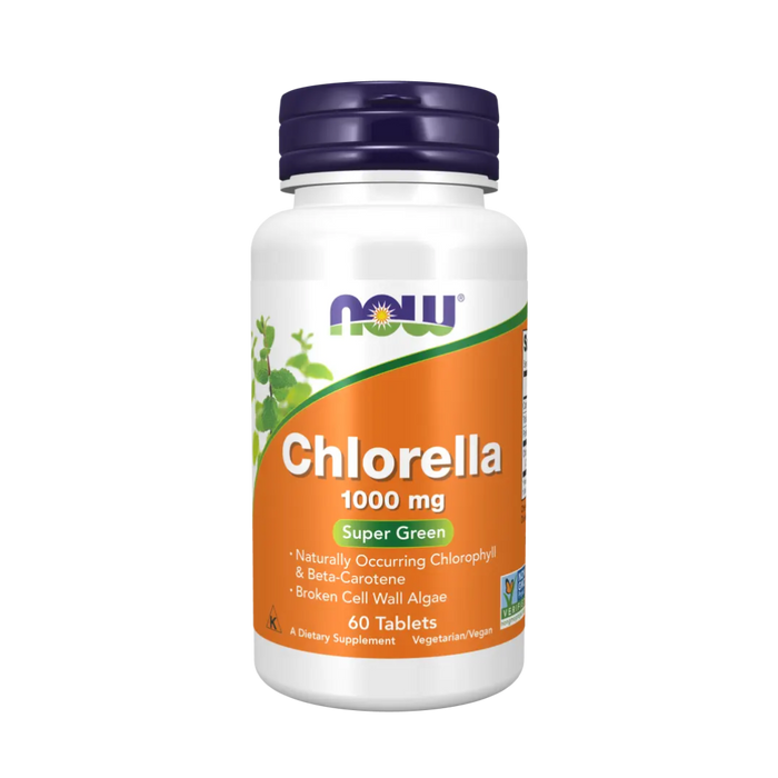 Chlorella supplement bottle with Now brand on a white background