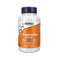 Supplement bottle labeled 'L-Tryptophan 500 mg' by NOW on a green background