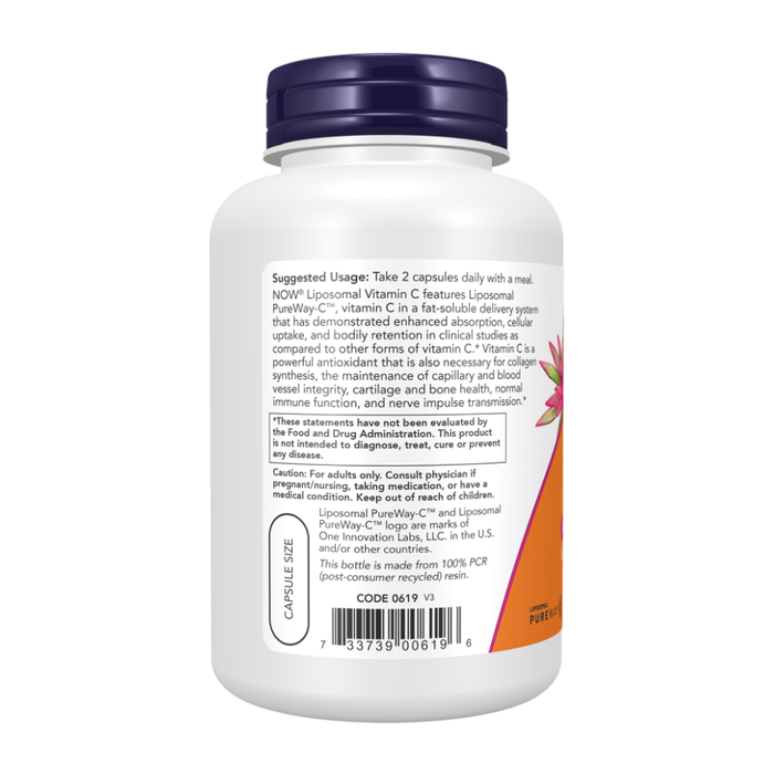 NOW Foods Liposomal Vitamin C suggested usage – take 2 capsules daily with a meal