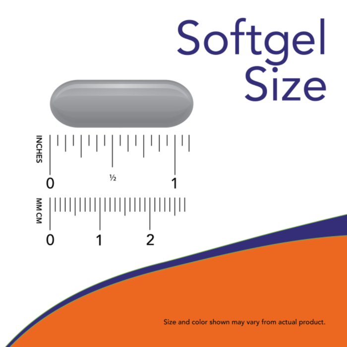 Measurement chart showing a softgel size with a ruler and an orange and blue design element.