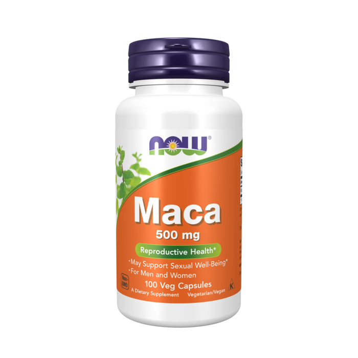 Supplement bottle labeled 'Maca 500 mg' by NOW on a white background