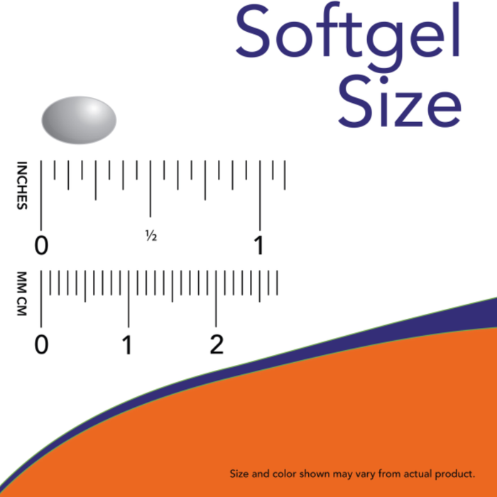 Measurement chart showing softgel size with a ruler and an orange softgel illustration.
