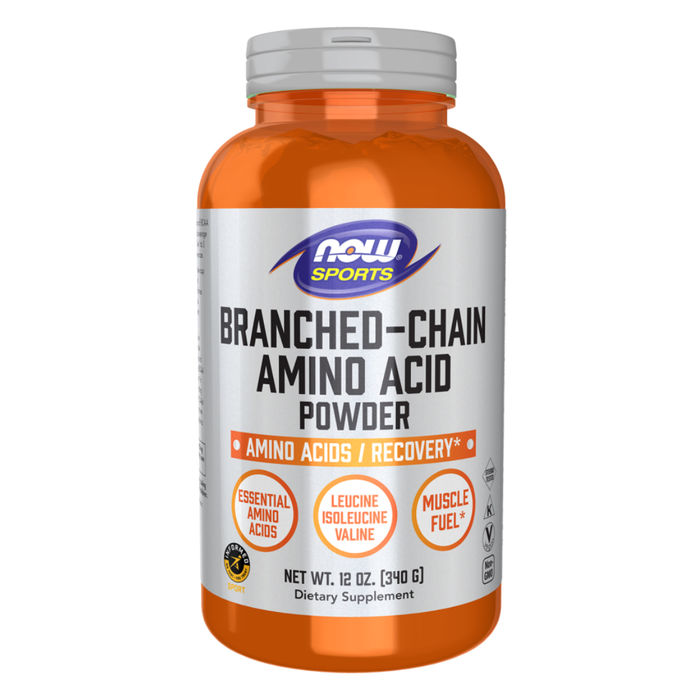 Bottle of Now Sports Branched-Chain Amino Acid Powder on a white background