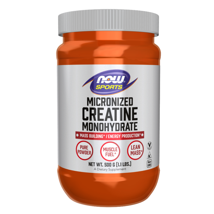 Front label showing NOW Sports branding, product name "Creatine Monohydrate, Micronized Powder", size (500g), and key callouts (Pure Powder, Muscle Fuel, Lean Mass)