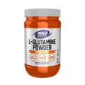 Orange and white container of L-Glutamine Powder by NOW Sports on a white background