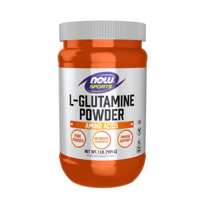 Orange and white container of L-Glutamine Powder by NOW Sports on a white background