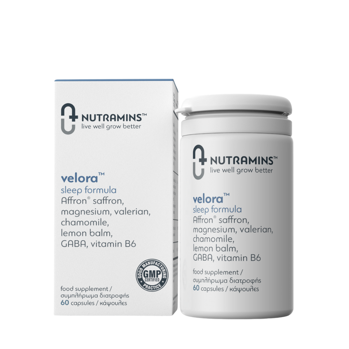 Nutramins Velora™ Sleep Formula bottle – herbal sleep supplement with magnesium, GABA, and vitamin B6