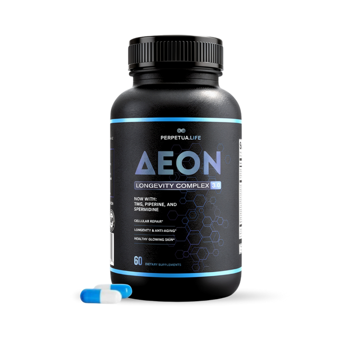 Perpetual Life Aeon Longevity Complex supplement bottle with a capsule on a white background