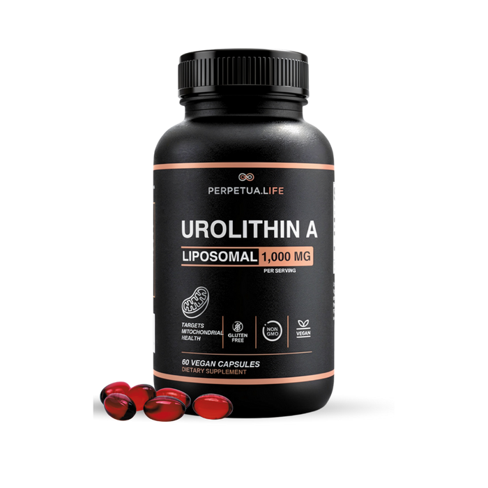 Perpetual Life Urolithin A supplement bottle with capsules on a white background