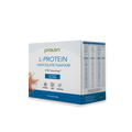 A box of ProLon L-Protein Chocolate Flavour powder, detailing 25g of protein per sachet, 14 sachets per box, and highlighting plant-based ingredients.