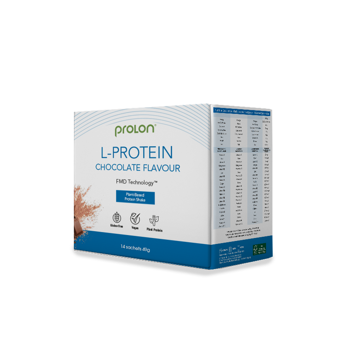 A box of ProLon L-Protein Chocolate Flavour powder, detailing 25g of protein per sachet, 14 sachets per box, and highlighting plant-based ingredients.