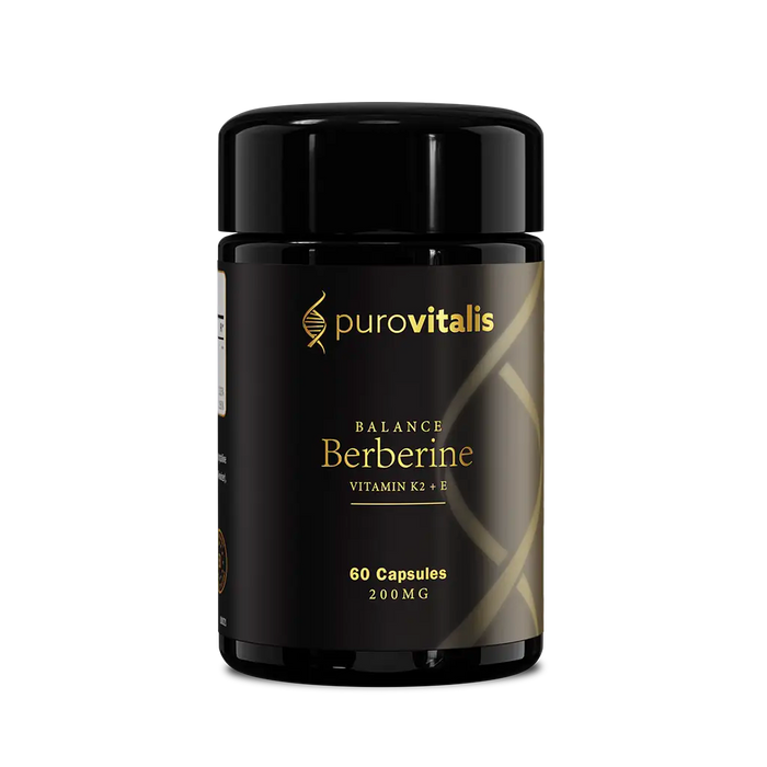 A black and gold bottle of Purovitalis Balance Berberine supplement with 60 capsules, labeled with the brand and product name.