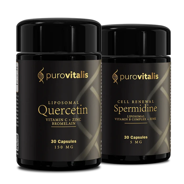 Two black bottles of purovitalis supplements on a white background