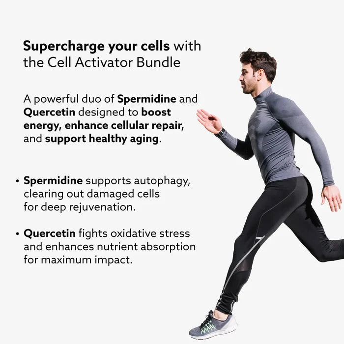 Person running with text about Cell Activator Bundle, Spermidine, and Quercetin benefits.