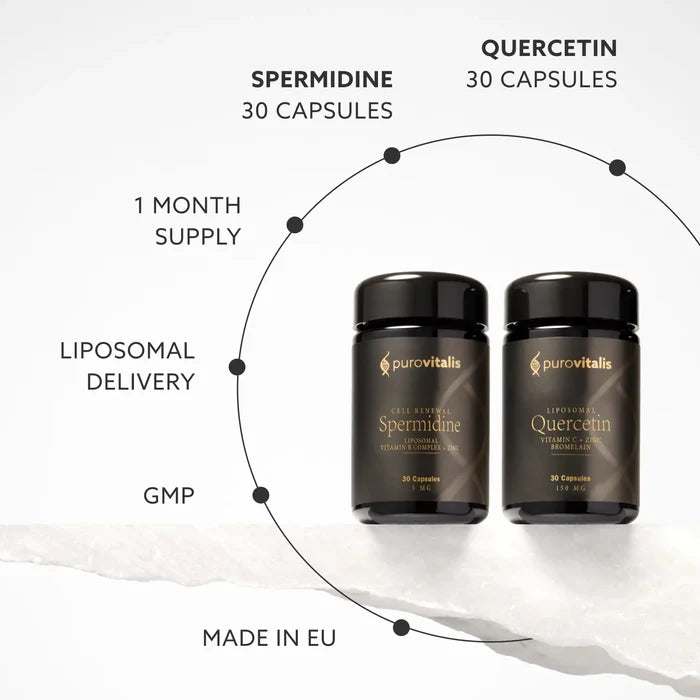 Two black containers labeled 'Spermidine' and 'Quercetin' with product details on a white background.