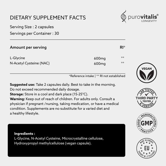 Dietary supplement label for purovitalis with supplement facts and branding.