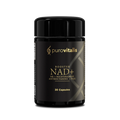 Black supplement bottle labeled 'purovitalis' with 'Booster NAD+' on a white background