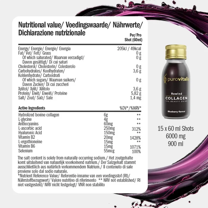 Label of Purovitalis Rewind Collagen bottle showing the product and ingredients list in Dutch.