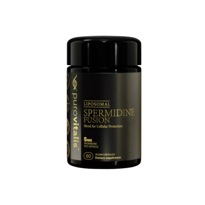 Supplement container labeled 'Liposomal Spermidine Fusion' by Purovitalis on a white background