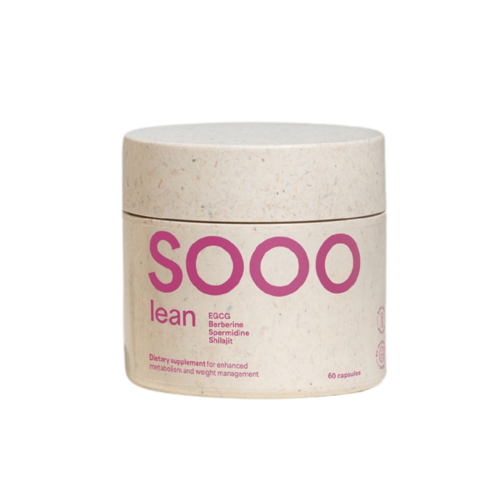 Close-up image of SOOO Lean supplement jar with label visible