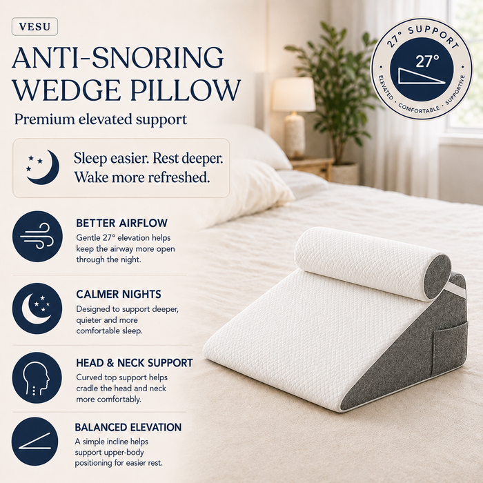 Anti-snoring wedge pillow shown on a bed in a softly lit bedroom, with marketing text and icons describing benefits such as better airflow, calmer nights, and head and neck support.