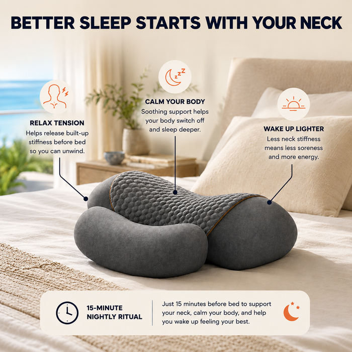 Neck pillow on a bed with text highlighting its benefits in a bedroom setting.