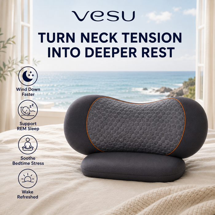 Neck pillow with text 'vesu' and benefits on a bed with a window view of the ocean.