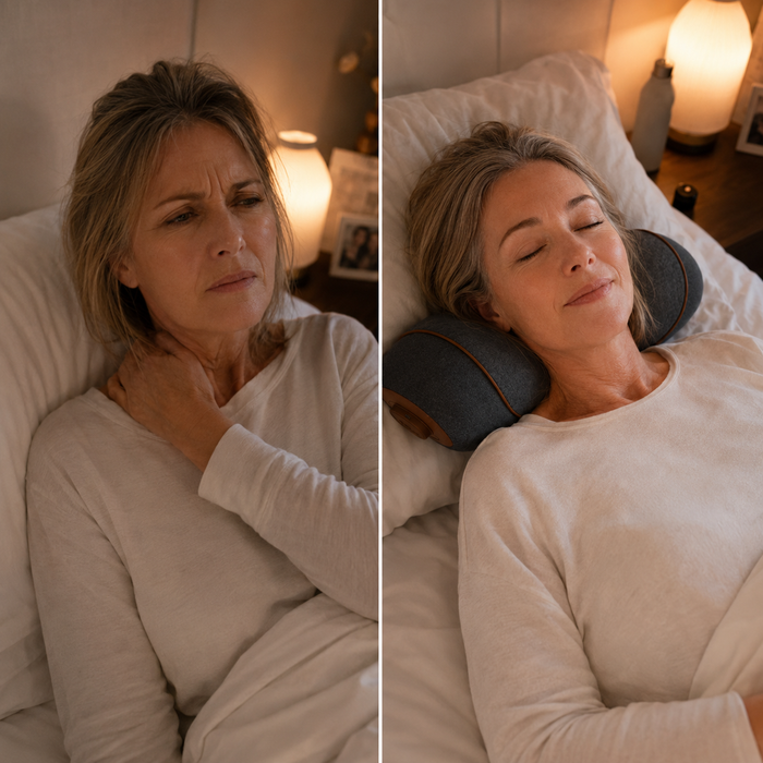 A split-screen lifestyle image showing a woman in bed. The left side shows her awake and uncomfortable with a hand on her neck, while the right side shows her asleep with her eyes closed, resting on a dark gray travel neck pillow.