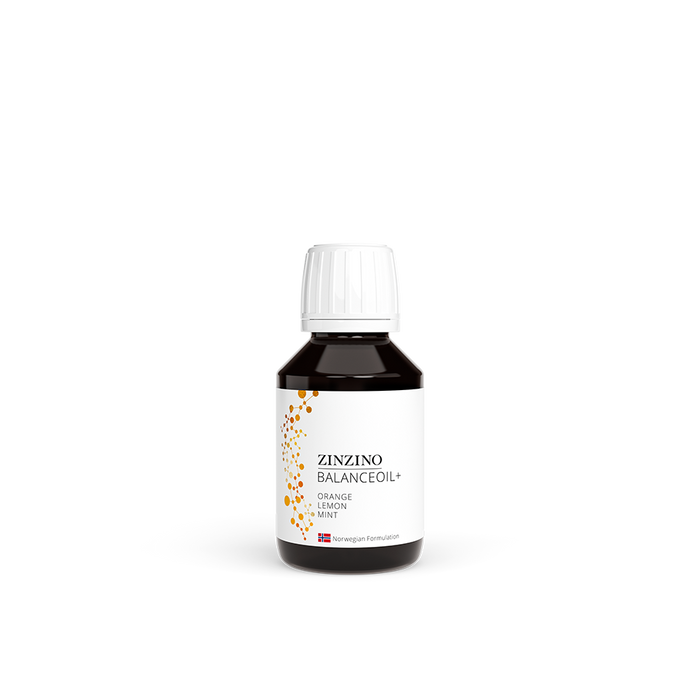 A bottle of ZINZINO BalanceOil+ with Orange Lemon Mint flavor, containing a natural blend of pure fish oil and extra virgin olive oil.
